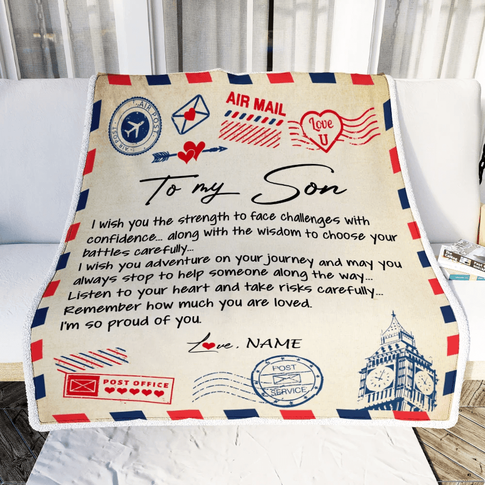 Personalized Letter Blanket To My Son From Mom Dad I'm So Proud Of You Son Birthday Christmas Thanksgiving Graduation Customized Fleece Blanket