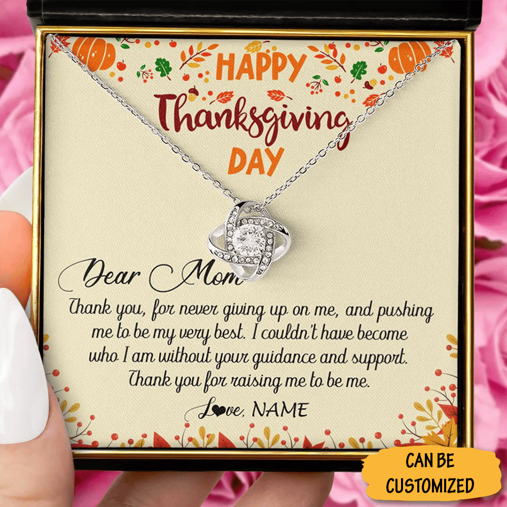 Personalized Happy Thanksgiving Day Mom Necklace Love Knot Silver Necklace Thanksgiving Gift For Mom