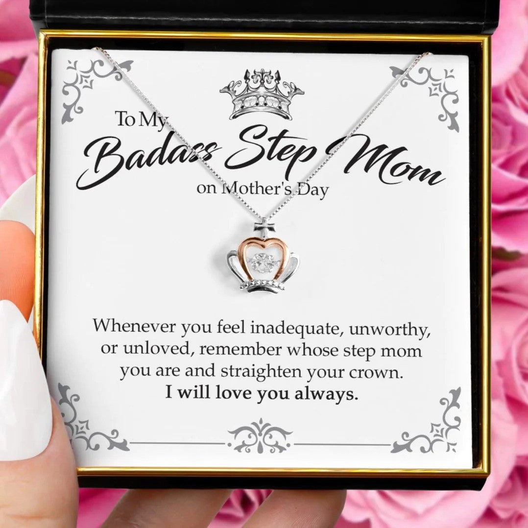 To My Badass Step Mom Mother's Day Crown Pendant Necklace Mothers Day Necklace Jewelry Gifts For Step Mother