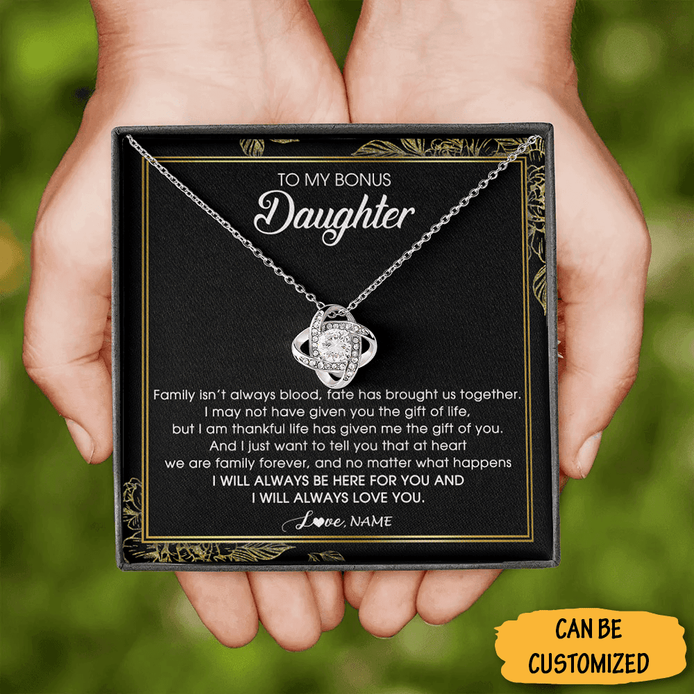 Personalized To My Bonus Daughter Necklace Love Knot Silver Necklace Happy Valentines Day Gift To My Bonus Daughter