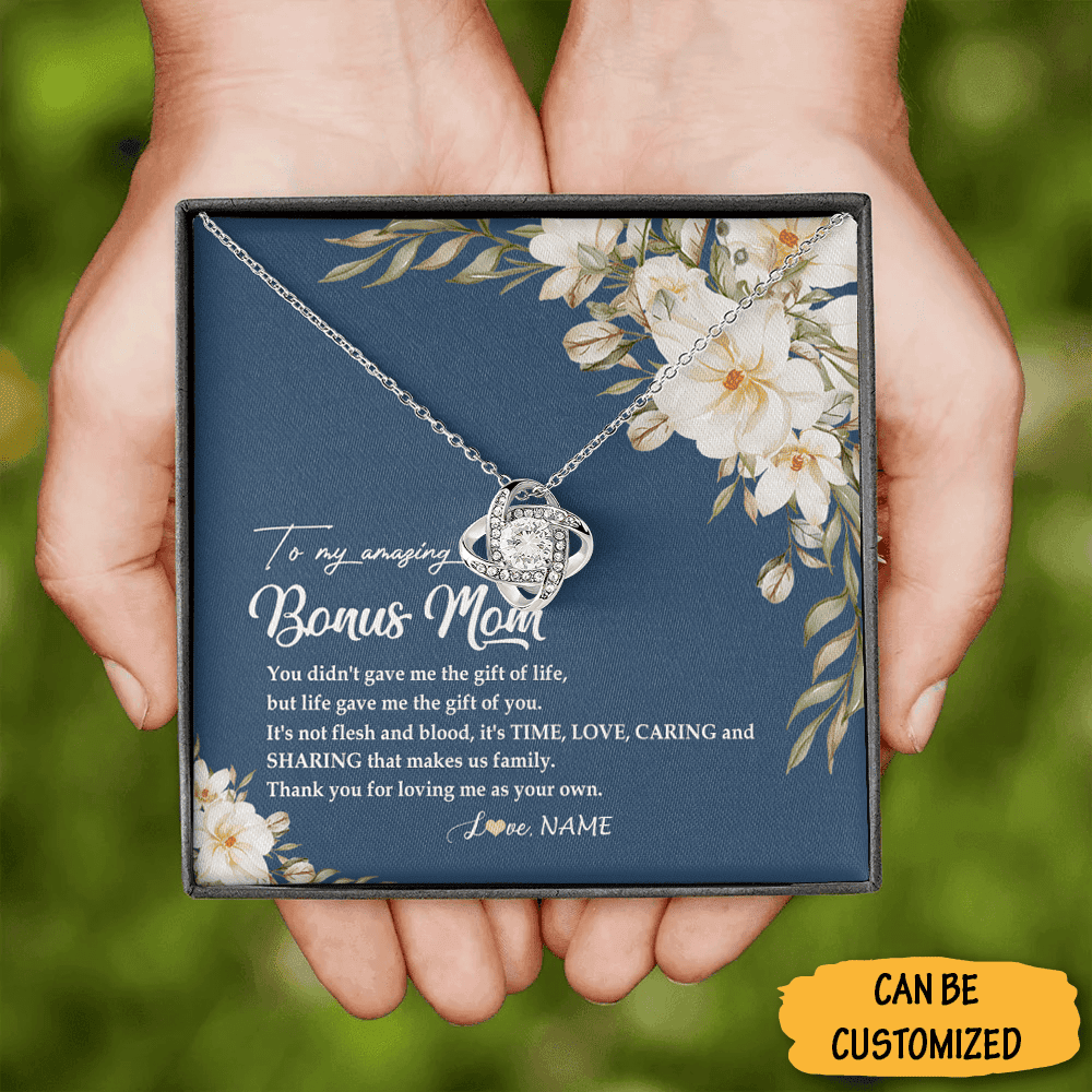Personalized To My Amazing Bonus Mom Necklace Love Knot Silver Necklace Box The Perfect Gift Bonus Mom