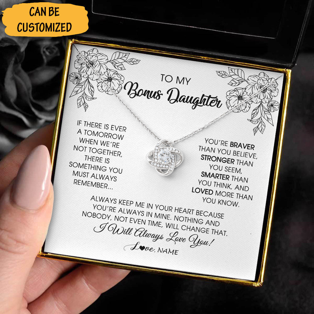 Customized To My Bonus Daughter Necklace Love From Dad Mom Sterling Silver Love Knot Necklace For Bonus Daughter