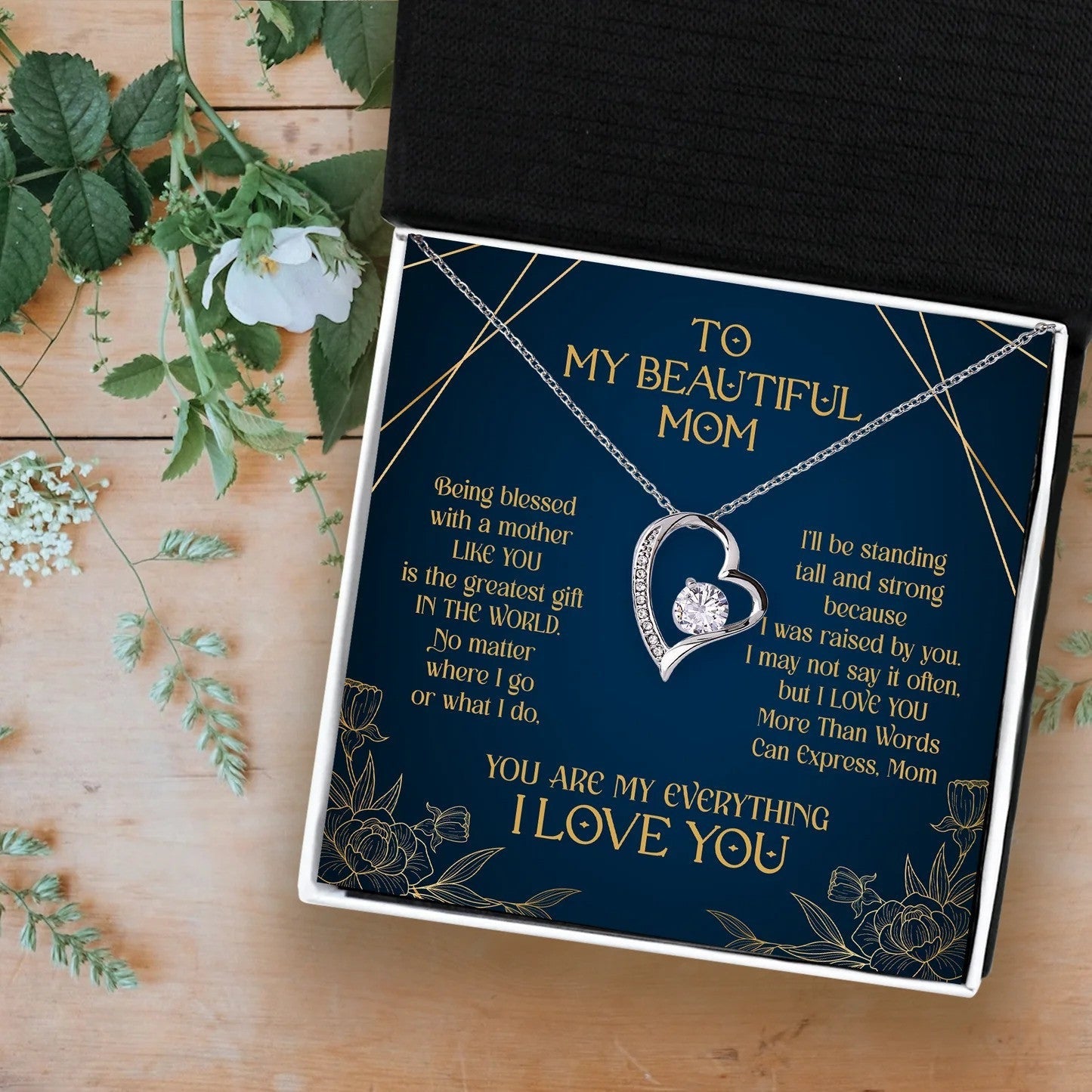 To My Mom Heart Necklace Silver Heart Shape Solitaire Crystal Necklace Mother's Day Gifts For Mom
