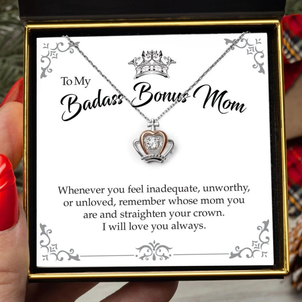 To My Badass Bonus Mom Crown Pendant Necklace First Mothers Day Jewelry Gifts