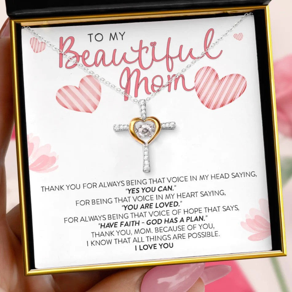 To My Beautiful Mom Heart Cross Necklace With Message Card Cross Necklace With Heart In The Middle