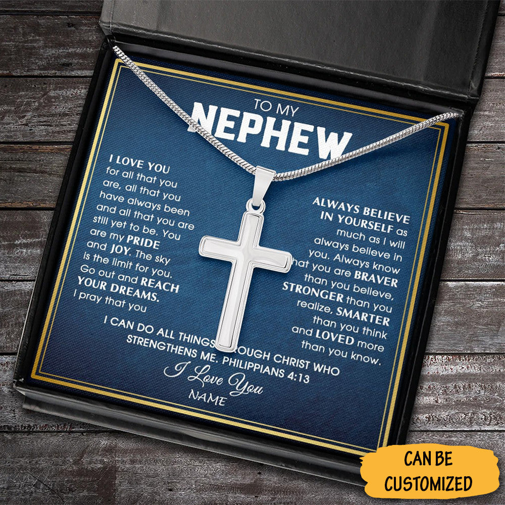 Personalized To My Nephew Cross Necklace Silver Christian Cross Necklace Chain Gifts For Young Nephews