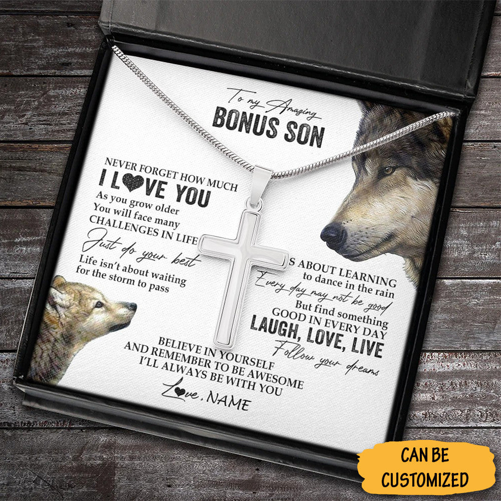 Personalized Wolf My Bonus Son Cross Necklace From Stepmom Step Dad Never Forget That I Love You Necklace