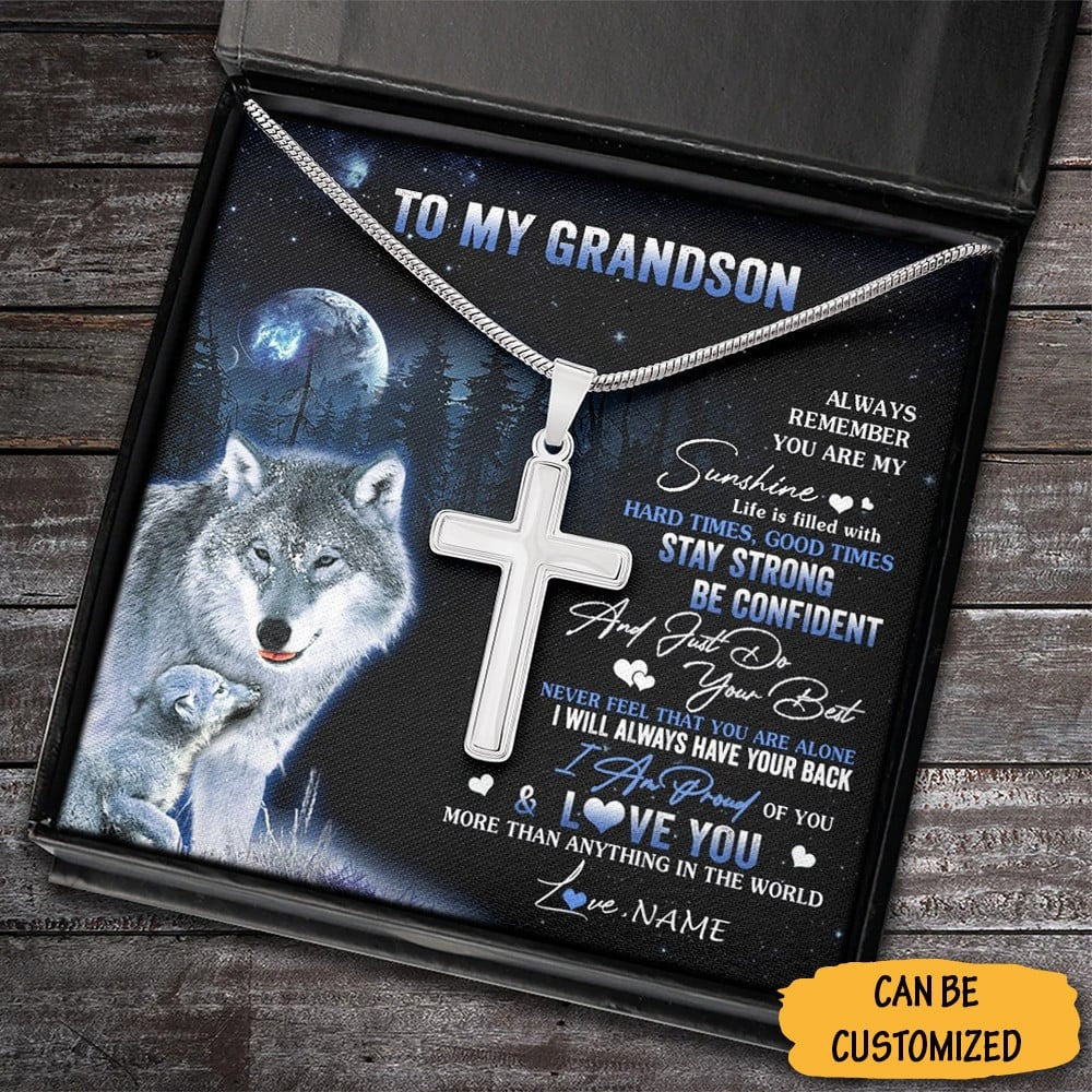 Personalized Wolf To My Grandson Cross Necklace Silver Cross Pendant Chain Grandson Gifts From Grandparents