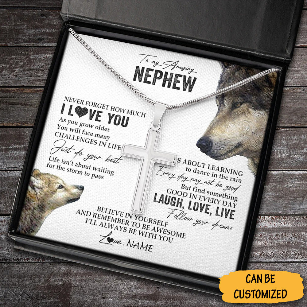 Personalized Wolf To My Nephew Cross Necklace Sterling Silver Cross Necklace Chain Cool Gifts For Nephew