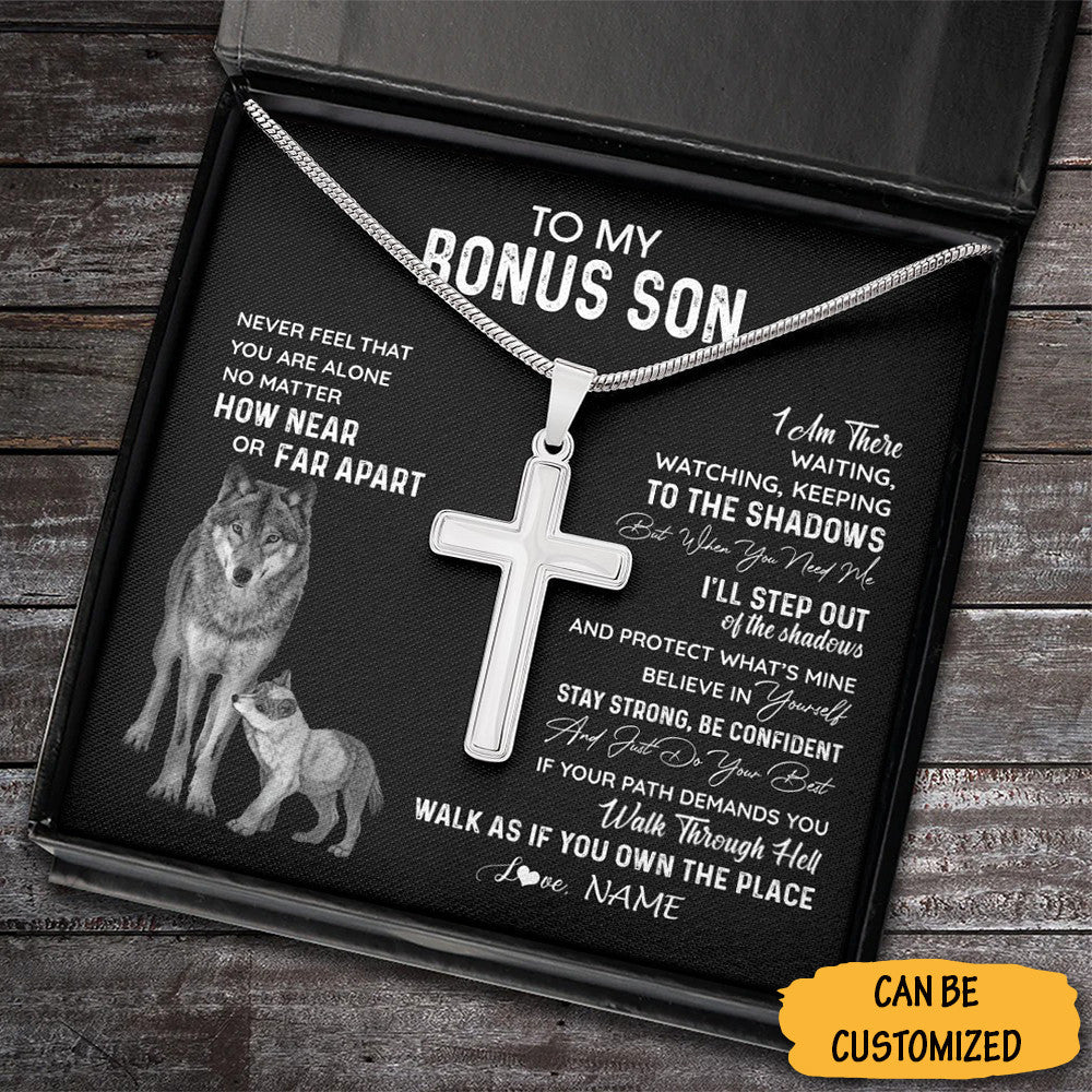Personalized Wolf To My Bonus Son Necklace Mens Sterling Silver Cross Necklace For Bonus Son Gift Ideas