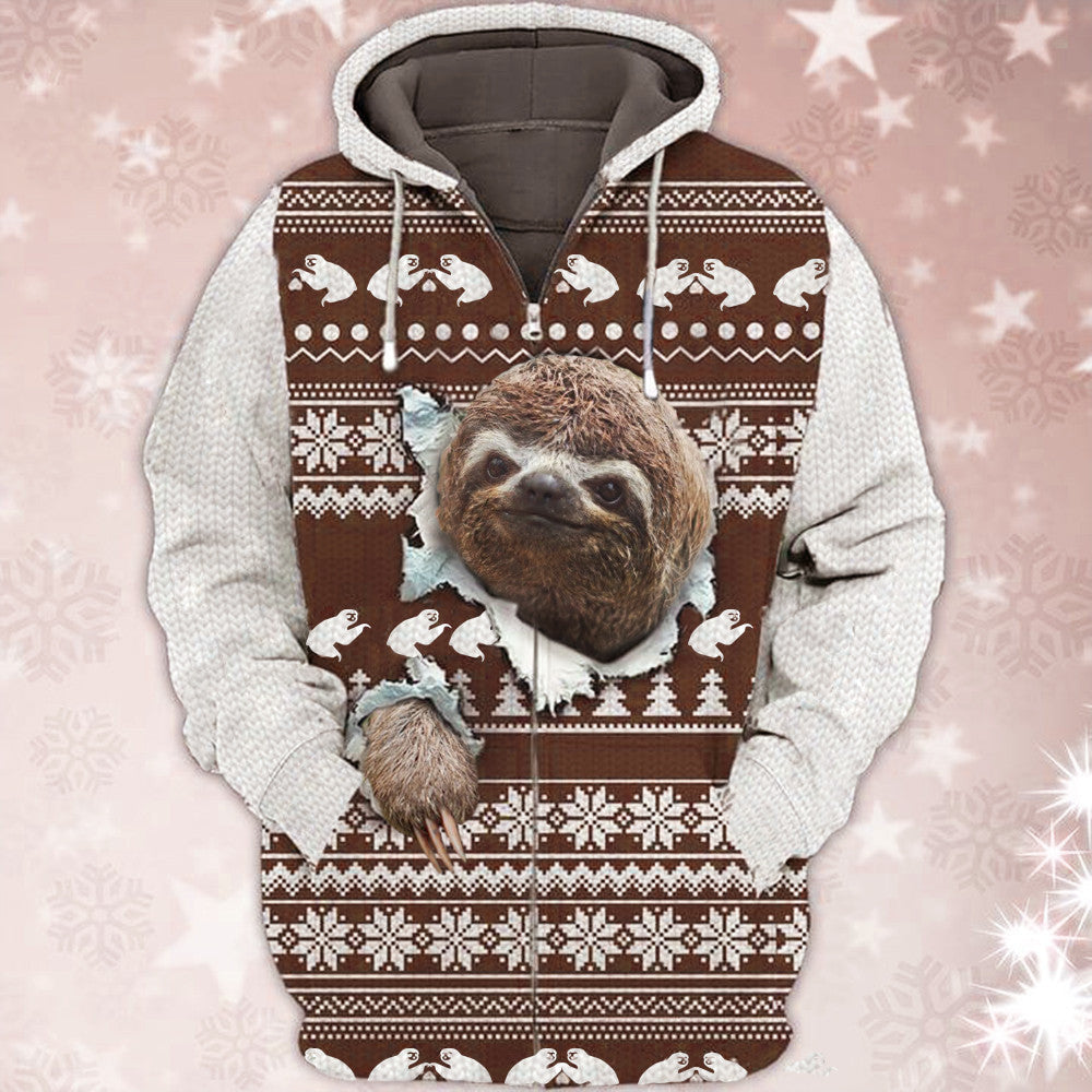 Sloth Ugly Christmas Sweater Zip Hoodie Xmas 2024 Holiday Clothes Sloth Lovers Gifts