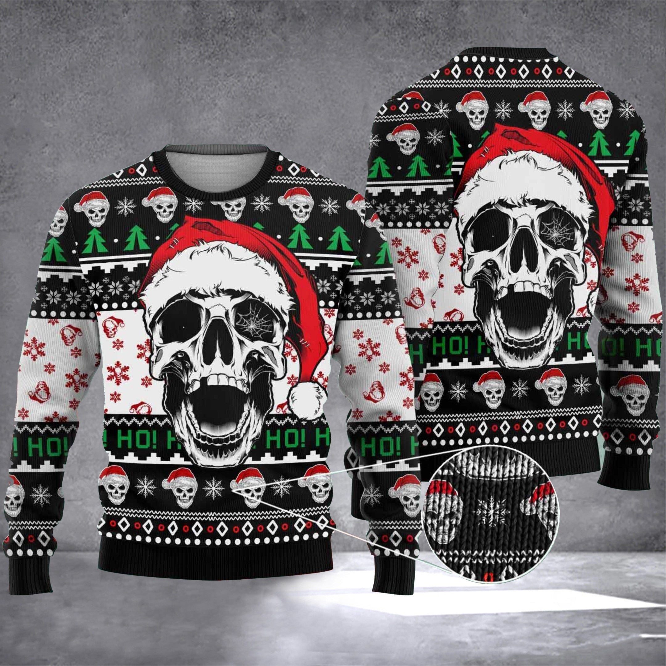 Ho Ho Ho Skull Ugly Christmas Sweater Skull Wearing Santa Hat Funny Xmas Sweater 2024