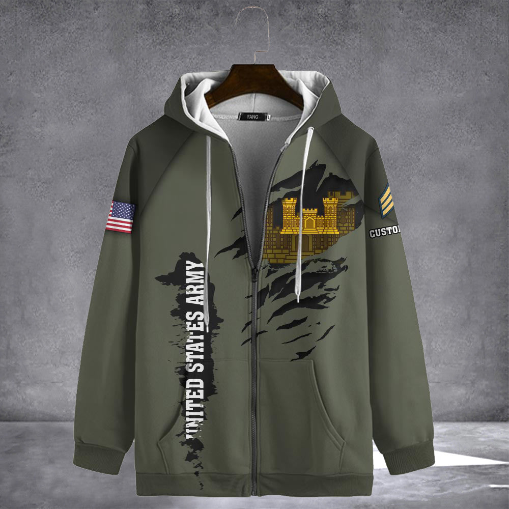 Custom Army Combat Engineer Zipper Hoodie Military Hoodie Gifts For Army Boyfriend