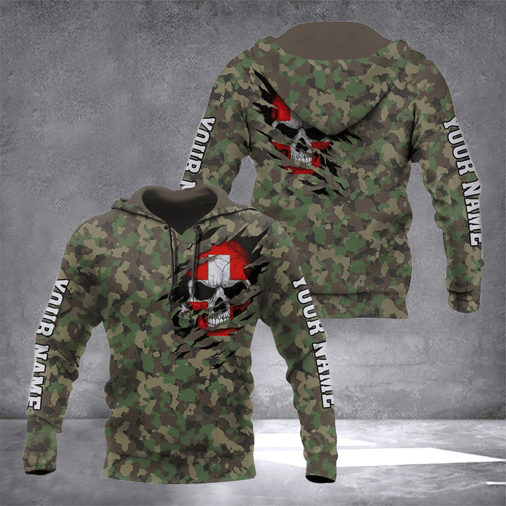 Custom Switzerland Flag Skull Camouflage Hoodie Switzerland Outfits Gift For Swiss Friend