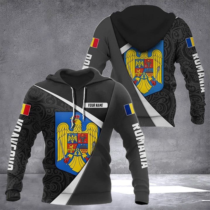 Custom Romania Coat Of Arms Maori Pattern Hoodie For Men Romania Clothing Gifts For Romanian