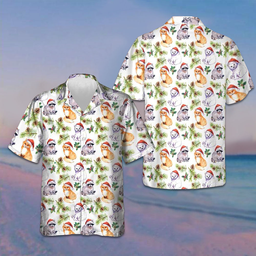Cute Animals In Christmas Hat Hawaiian Shirt Merry Xmas Button Up Shirt Men Best Gifts