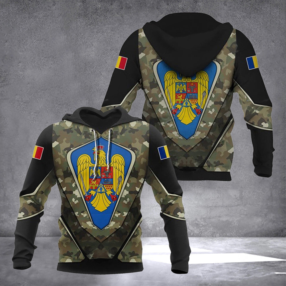 Romania Coat Of Arms Camouflage Army Hoodie Romania Flag With Crest Clothing