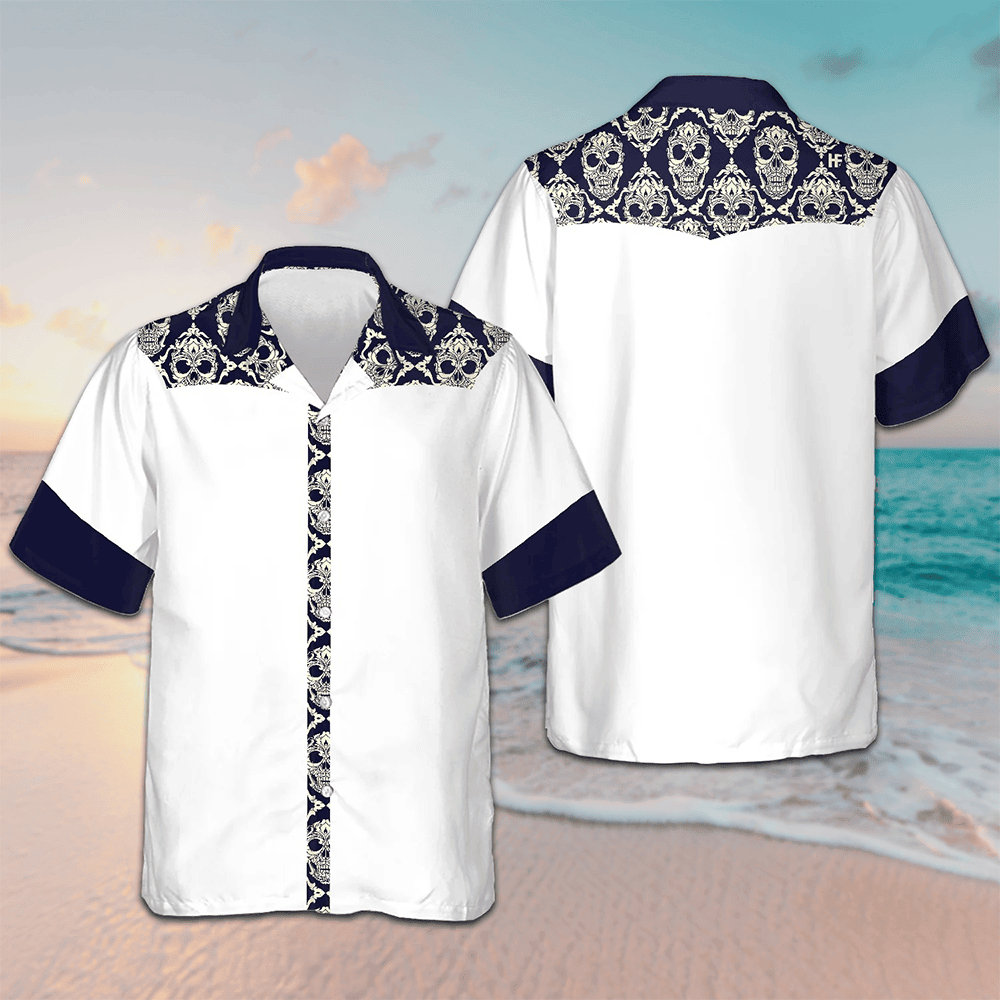 Ornamental Skull Seamless Pattern Hawaiian Shirt Beach Button Up Shirts For Men