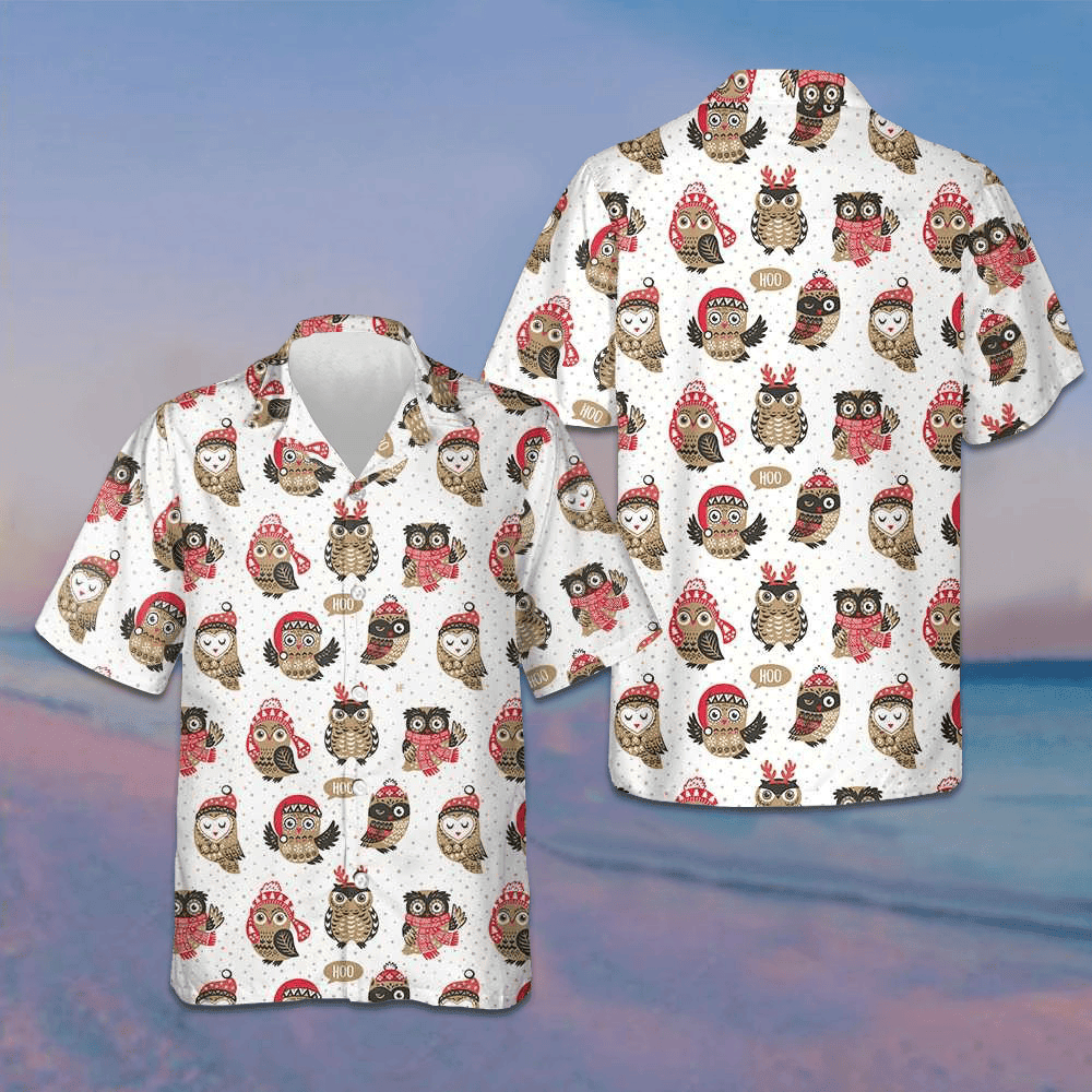 Christmas Owl With Knitted Hat Hawaiian Shirt Cute Christmas Shirt Gifts For Him
