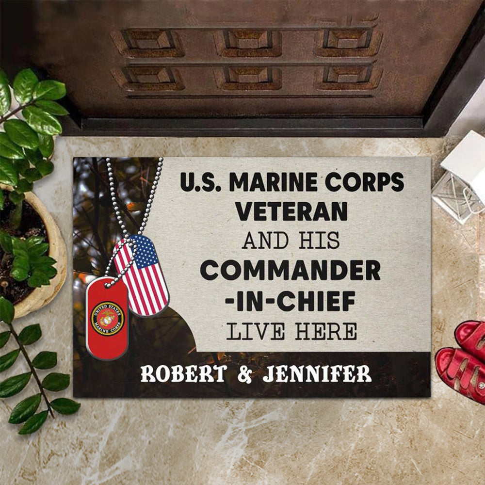 Custom US Marine Corps Veteran And His Commander In Chief Live Here Doormat USMC Veterans Gifts