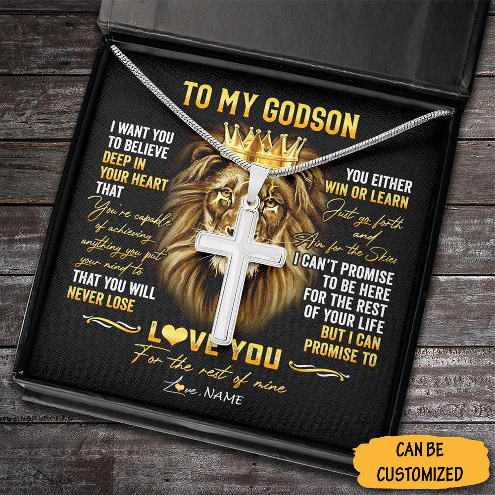 Custom Lion To My Godson Cross Necklace Pendant Christian Cross Chain Necklace For Godson Graduation Gift