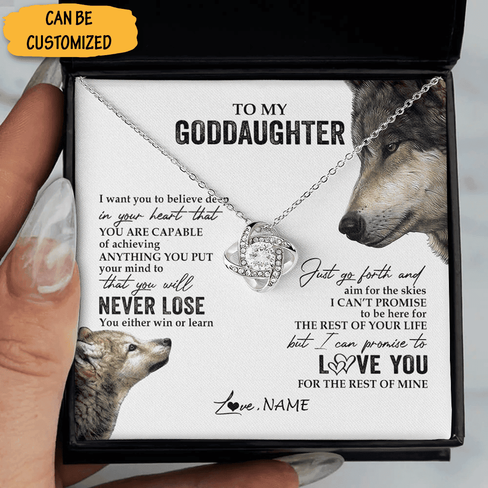 Customized Wolf To My Goddaughter Necklace Silver Love Knot Necklace For Goddaughter Jewelry Box Gifts