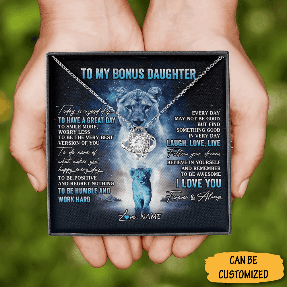 Custom Lion To My Bonus Daughter Necklace Silver Love Knot Pendant Necklace Gifts From Step Mom Dad