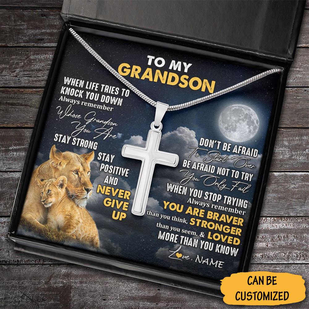 Personalized Lion To My Grandson Cross Necklace Silver Cross Chain Keepsake From Grandma To Grandson