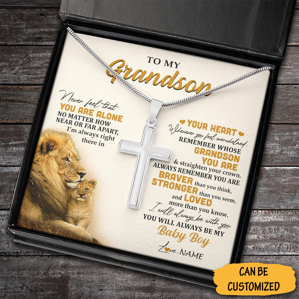 Personalized Lion To My Grandson Cross Necklace Silver Cross Chain Jewellery Necklace For Grandson Keepsakes