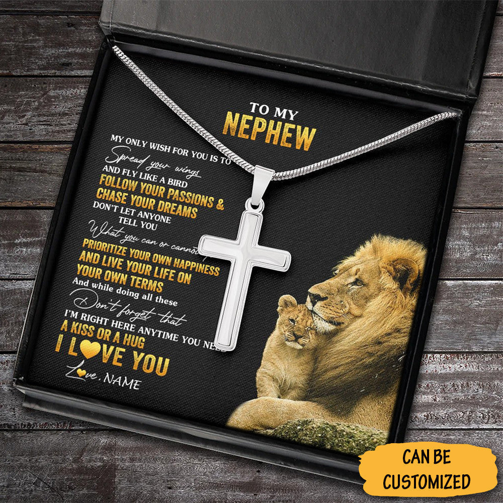 Personalized Lion To My Nephew Cross Necklace Men's Cross Necklace Sterling Silver Unique Gifts For Nephew