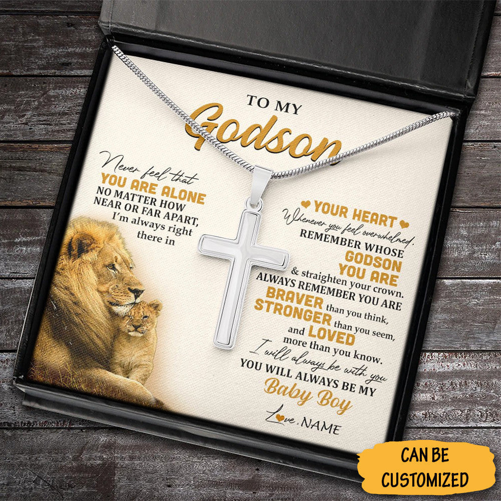 Personalized Lion To My Godson Cross Necklace Mens Silver Christian Cross Necklace Wedding Gift For Godson