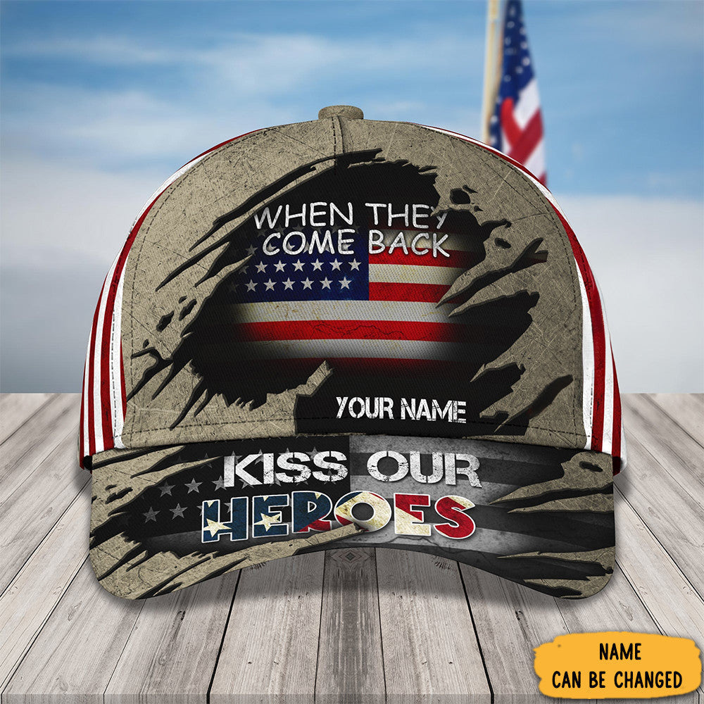 Personalized Veteran When They Kiss Our Heroes Hat USA Flag Unique Gifts For Veterans