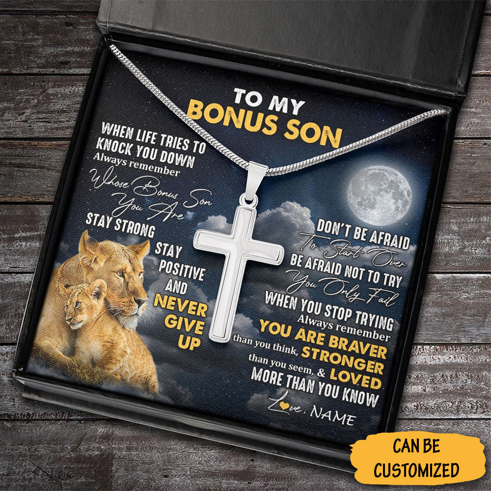 Personalized Lion To My Bonus Son Cross Necklace Silver Cross Chain Necklace For Bonus Child Gift Christmas