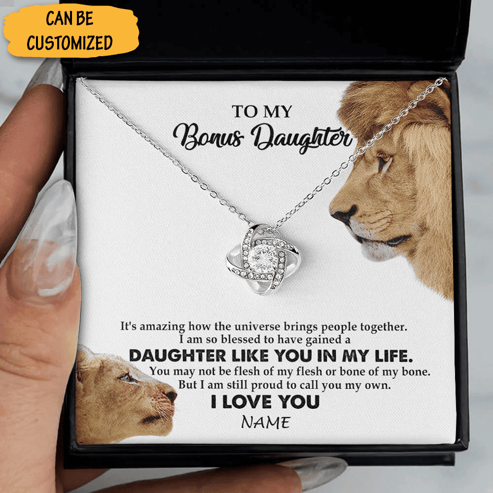 Custom To My Bonus Daughter I Love You Necklace Dad Lion Love Knot Necklace Jewelry Box Keepsake Gift Ideas