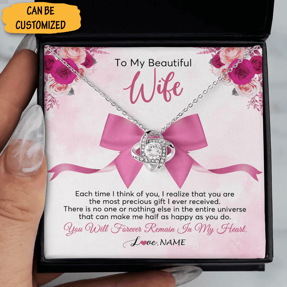 Custom To My Beautiful Wife Necklace Sterling Silver Love Knot Necklace Message Wife Birthday Present Ideas