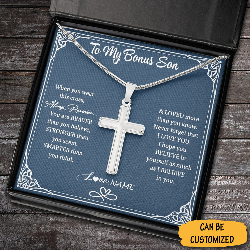 Personalized Lion To My Bonus Son Cross Necklace Silver Christian Cross Chain Unique Gifts For Bonus Child
