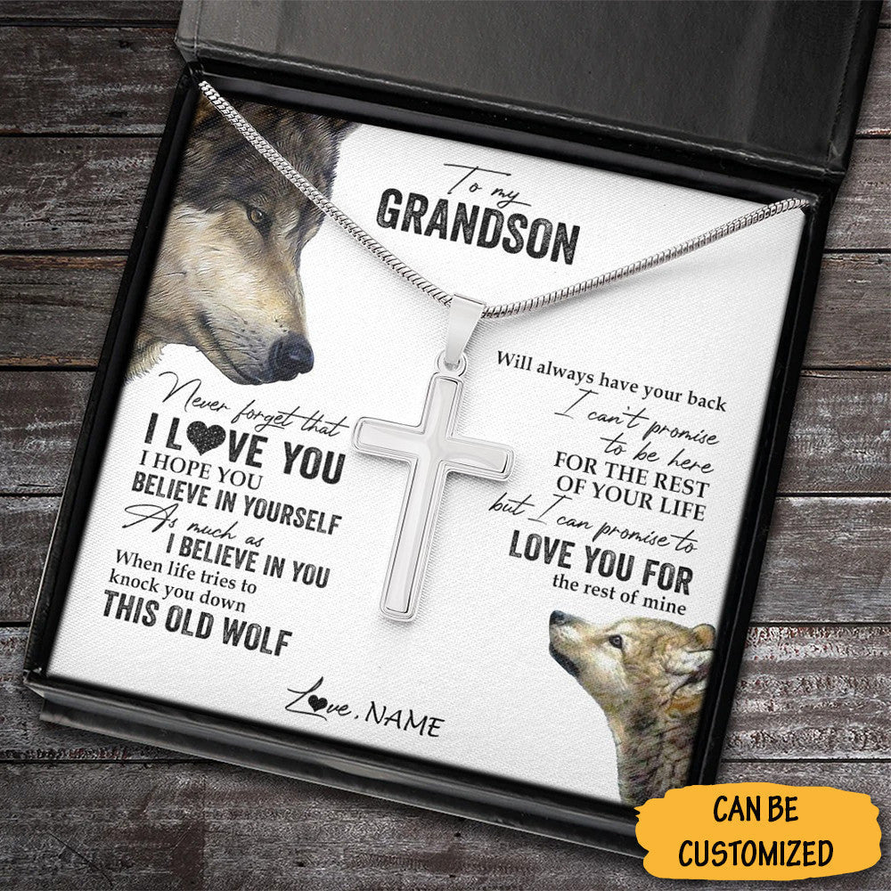 Custom Wolf To My Grandson Cross Necklace Silver Cross Chain Men Necklace Sentimental Gifts For Grandson