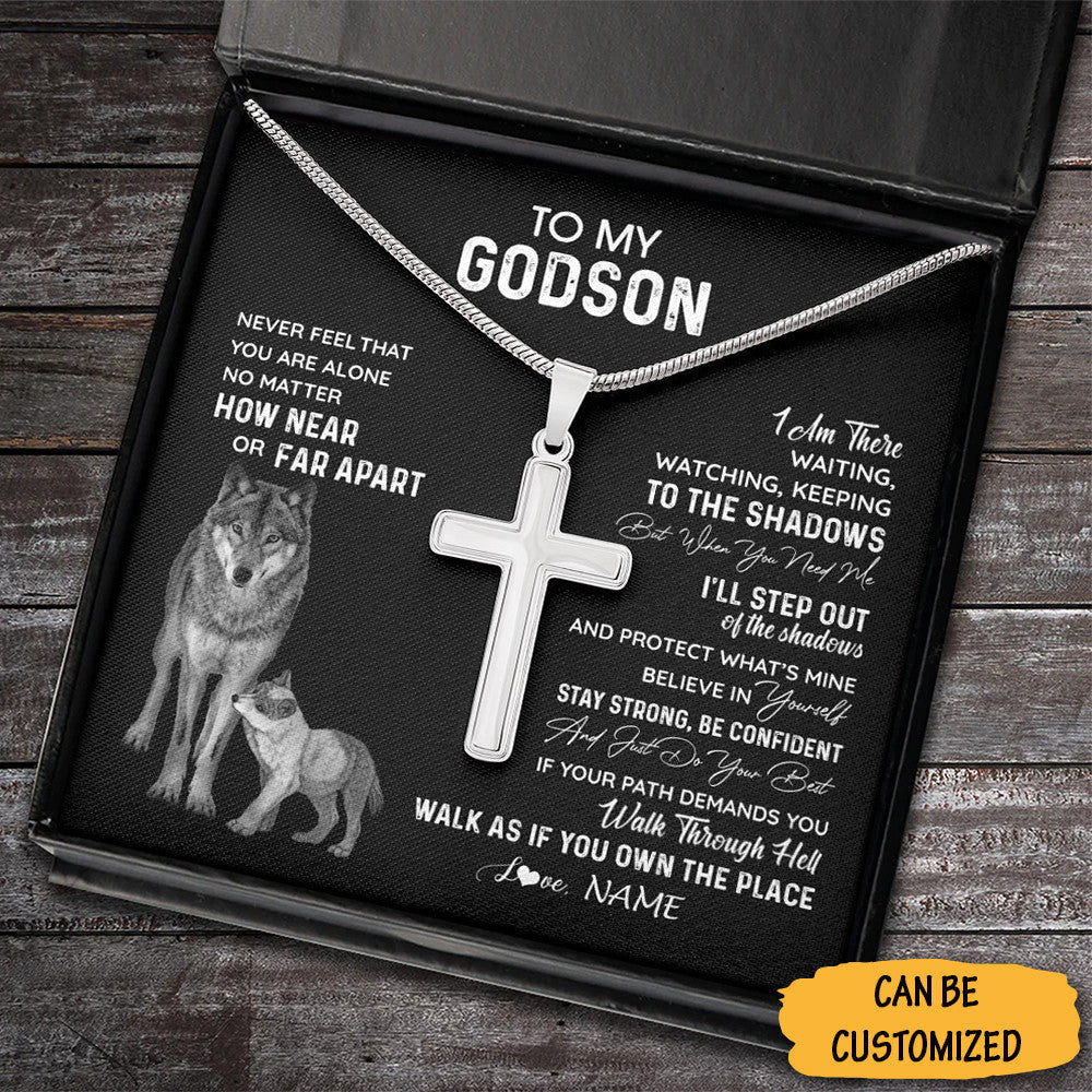 Custom Wolf To My Godson Cross Necklace Sterling Silver Christian Cross Necklace Godfather Presents For Godson
