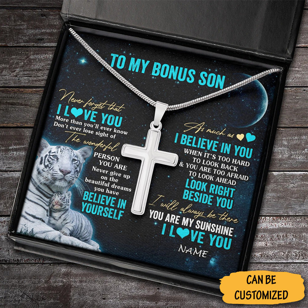 Custom Tiger My Bonus Son Necklace Sterling Silver Cross Necklace Bonus Jewellery Happy Birthday Gifts