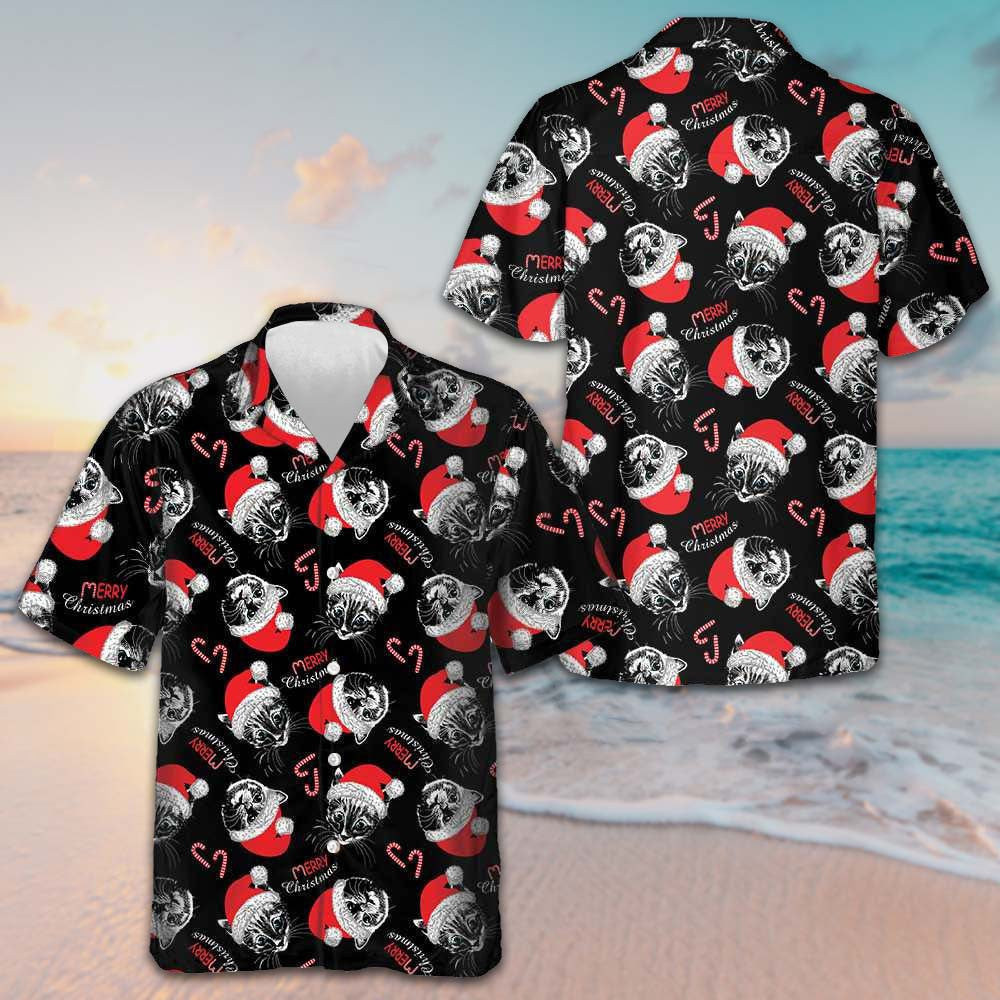 Merry Christmas Cat Hawaiian Shirt Cat With Santa Hat Mens Xmas Shirts Gifts For Stepson