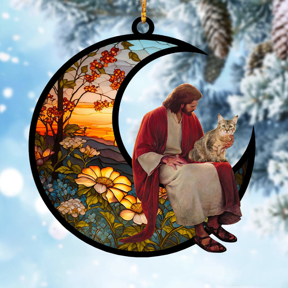 Custom Pixie Bob And Jesus Sitting On The Moon Suncatcher Ornament Cat Lover Ornament Decor