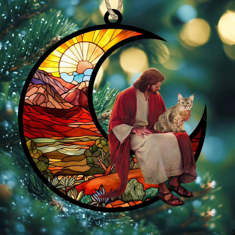 Custom Pixie Bob And Jesus Sitting On The Moon Suncatcher Ornament Cat Lover Ornament Decor