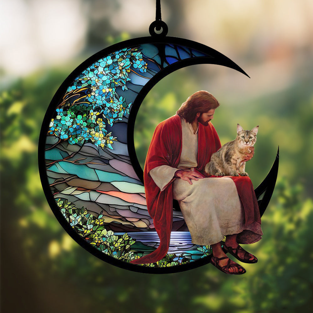 Custom Pixie Bob And Jesus Sitting On The Moon Suncatcher Ornament Cat Lover Ornament Decor