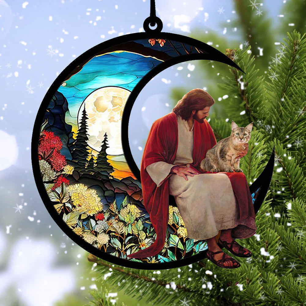 Custom Pixie Bob And Jesus Sitting On The Moon Suncatcher Ornament Cat Lover Ornament Decor