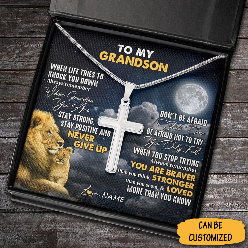 Personalized Lion To My Grandson Cross Necklace Sterling Silver Cross Chain Pendant Great Grandson Gifts