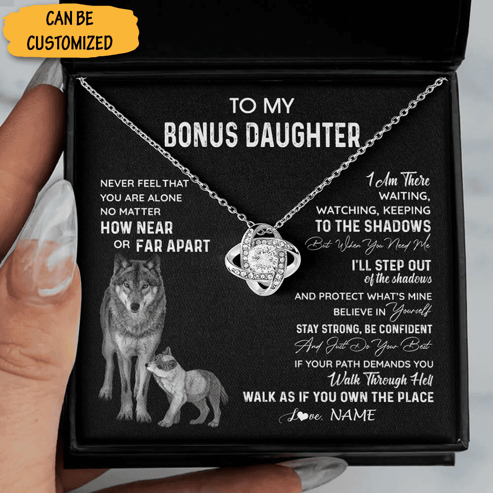 Custom Wolf Dad To My Bonus Daughter Necklace Love Knot Necklace Best Personalized Gifts For Bonus Daughter