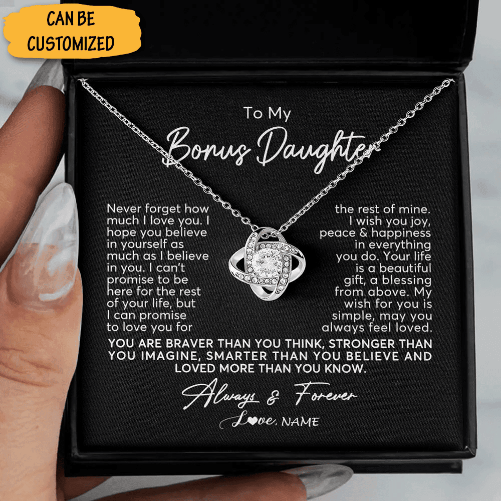 Custom To My Bonus Daughter Necklace Mom Dad Sterling Silver Love Knot Necklace With Message Card Gifts