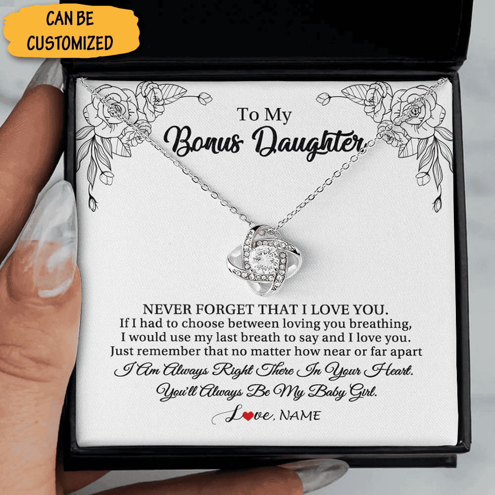 Personalized My Bonus Daughter Love Knot Necklace Never Forget That I Love You Necklace Jewelry Box Gift