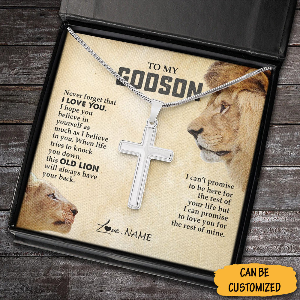 Personalized Lion To My Godson Cross Necklace Christian Cross Necklace Baptism Gift From Godfather To Godson