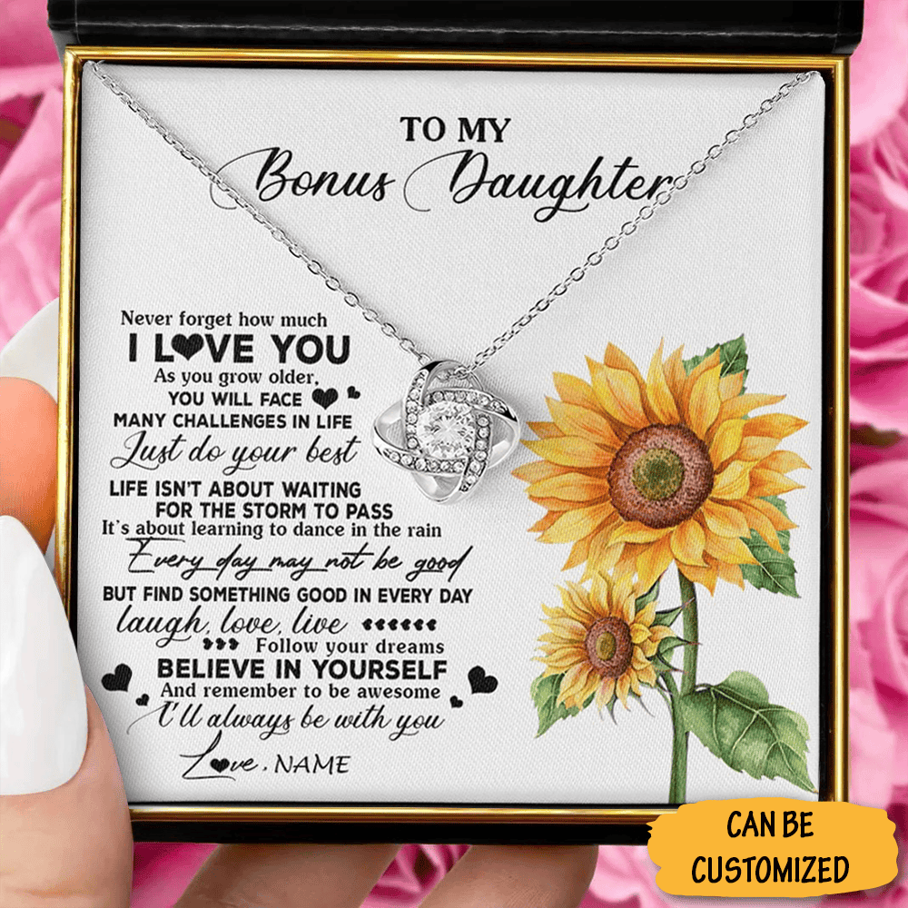 Custom To My Bonus Daughter Necklace Sterling Silver Love Knot Necklace Message Jewelry Box Gifts